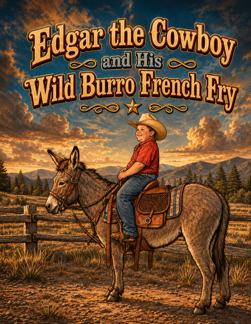 Book cover of 'Edgar the Cowboy and His Wild Burro French Fry' with a cowboy and burro against a sunset landscape.